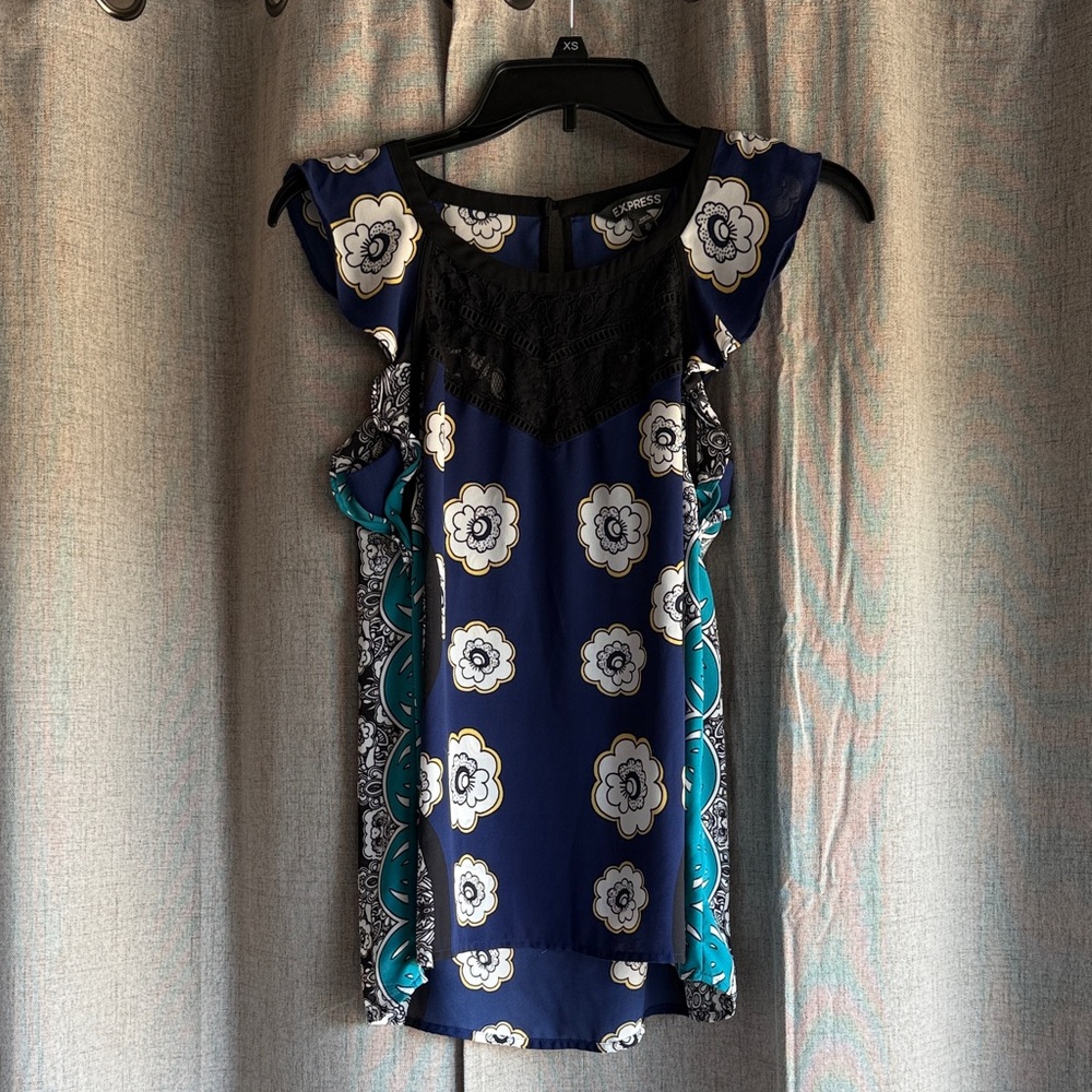 Express Navy and Teal Floral Blouse Sz XS